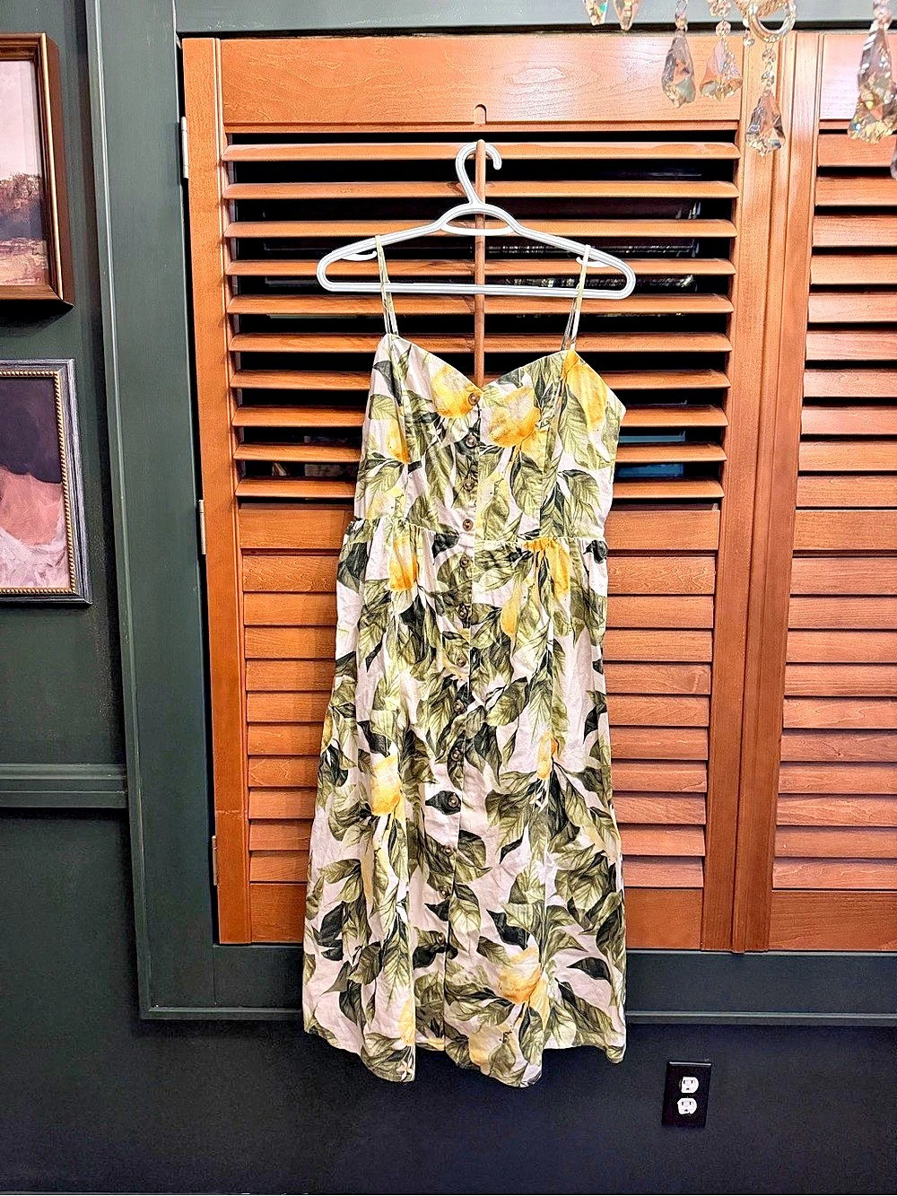 H&M Smocked-Bodice Strappy Dress Midi in Green & White